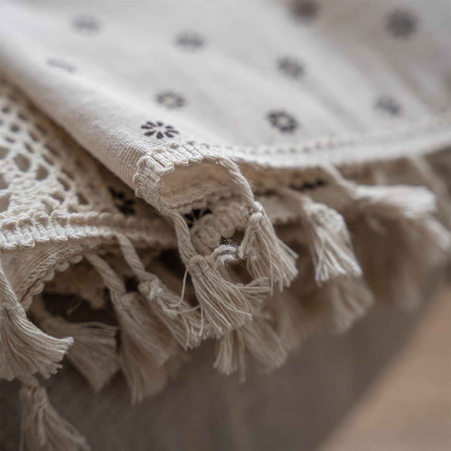 Vireellx Boho Curtains for Bedroom, Cream Hollow Crochet Stripes and Florals Print Cotton Linen Fabric Patchwork, Bohemian Beige Tassel Semi-Blackout Window Panel Farmhouse Drape
