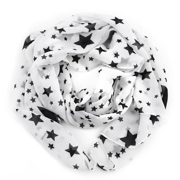 Women Black White Stars Soft Long Chiffon Neck Wrap Kerchief Scarf Stole