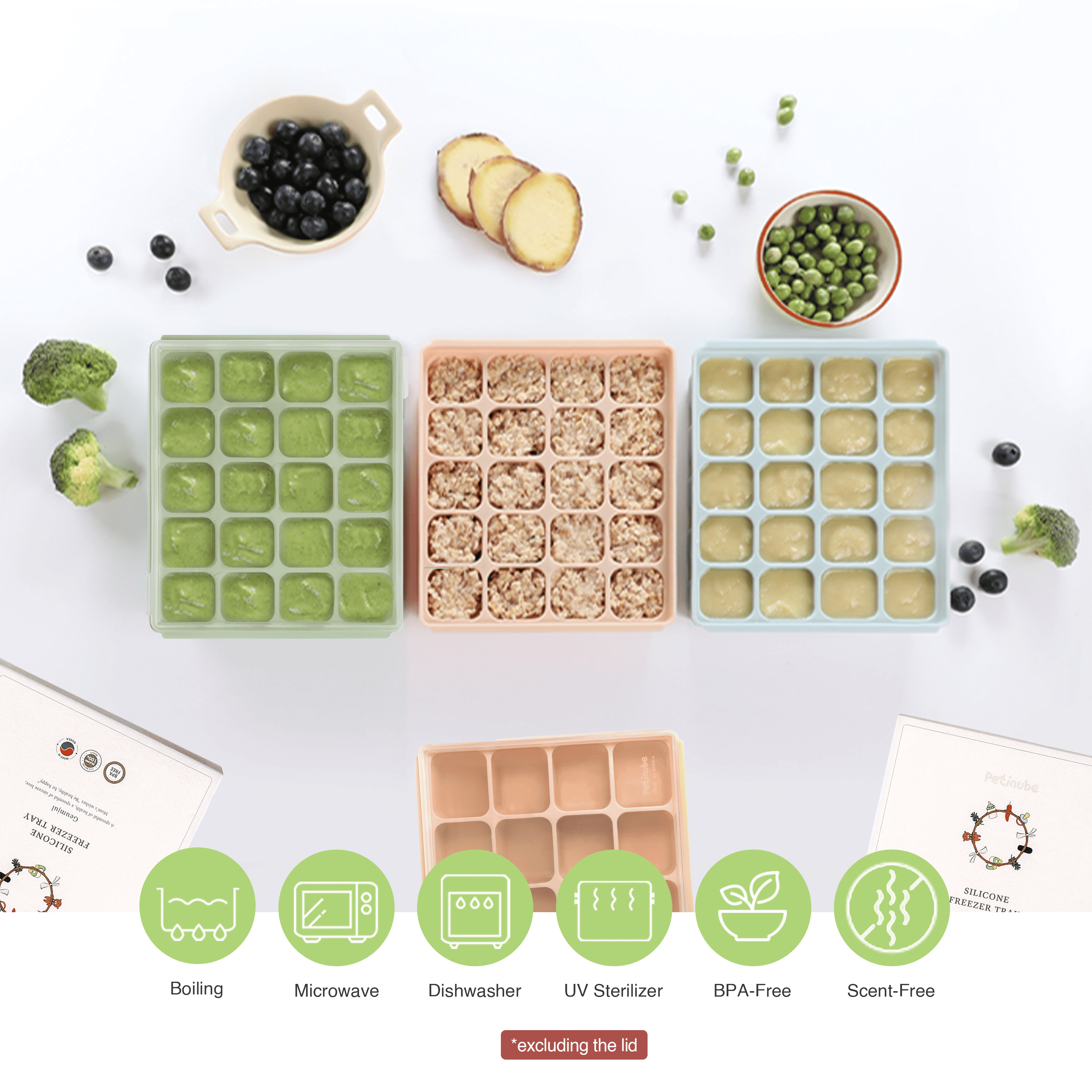 Petinube Flexible Silicone Freezer Tray 20 Cubes, 16.91 fl. oz / 0.84 fl. oz - BPA-Free, Stackable Ice Tray with Clip-on Lid, Multifunctional Ice Cube Molds, Ocean Blue Set