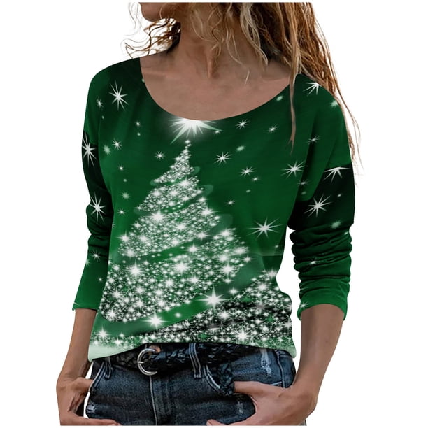 Tops de Otoño Para Mujer Tops Con Estampado Navideño Blusa de Jersey de Árbol Con Cuello Redondo de Manga Larga A La Moda Odeerbi ODB179056