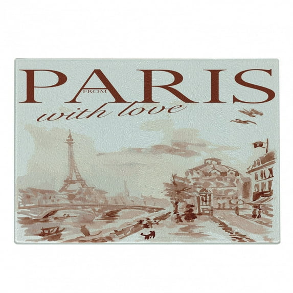 Paris Cutting Board, Vintage Watercolor Style Paris Illustration with Tour D'Eiffel Old Streets Image, Decorative Tempered Glass Cutting and Serving Board, Small Size, Pink, by Ambesonne