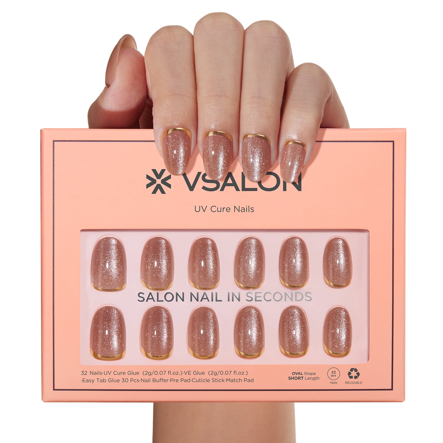 VSALON Press On Nails Short, 32 Pcs 16 Sizes Cat Eye Press On Nails Oval Fake Nails Gold Foil Design Sparkly Shimmer Gel With UV Glue Reusable Stick On Nails Semi-transparent Fall Gift For Women
