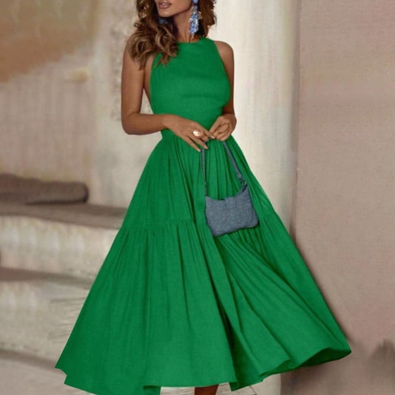 YHAJDS Womens Formal Dresses Solid Color Sleeveless Round Neck Long Belted Tank Dress