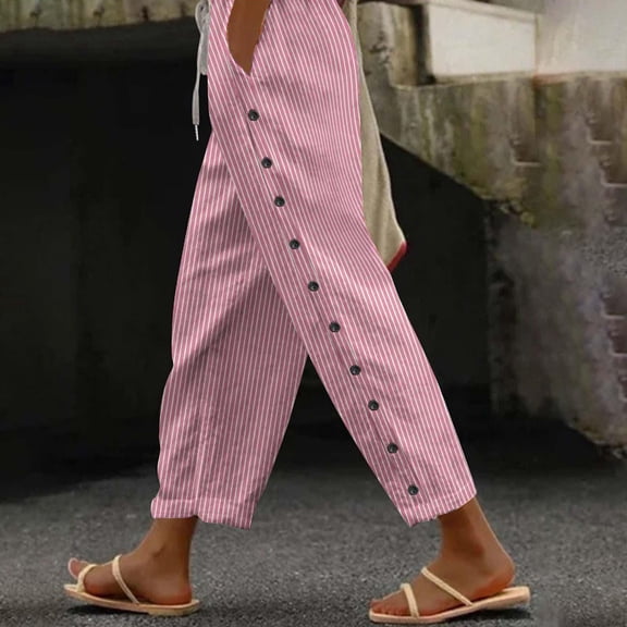 Blmnix Cotton Pants Women Pants Pleated Casual Pants Leggings Cropped Pink Loose Trouser Jeans for Women,M