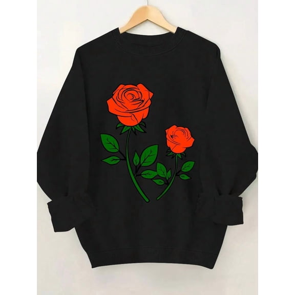 2026 Women's Christmas Sweater - Black Crew Neck Sweatshirt with Bright Red Rose & Green Leaf Floral Print, Soft Machine Washable Pullover, Durable Loose Fit for All Seasons, Casual Daily Wear