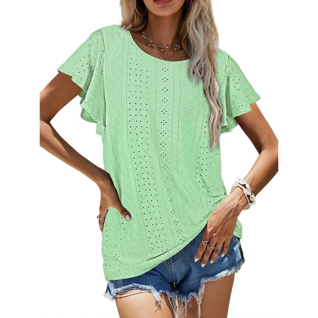 Camiseta informal de verano, elegante, para mujer, con volantes, manga superior, puntos huecos, ajuste holgado, poliéster suave para vacaciones ANGGREK CF1711