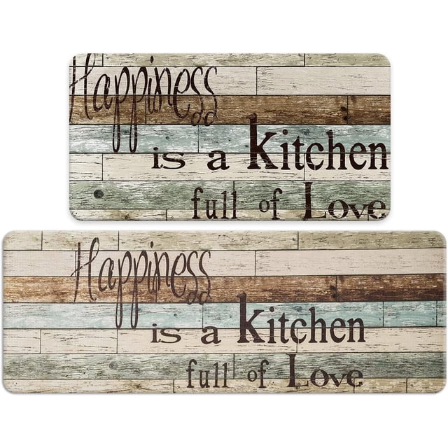 Farmhouse Kitchen Mats Sets 2 Piece Cushioned Comfort Mat for Home & Office Ergonomically Engineered Memory Foam Kitchen Rug Waterproof Non-Skid, 30" by 17" + 47" by 17",Happiness