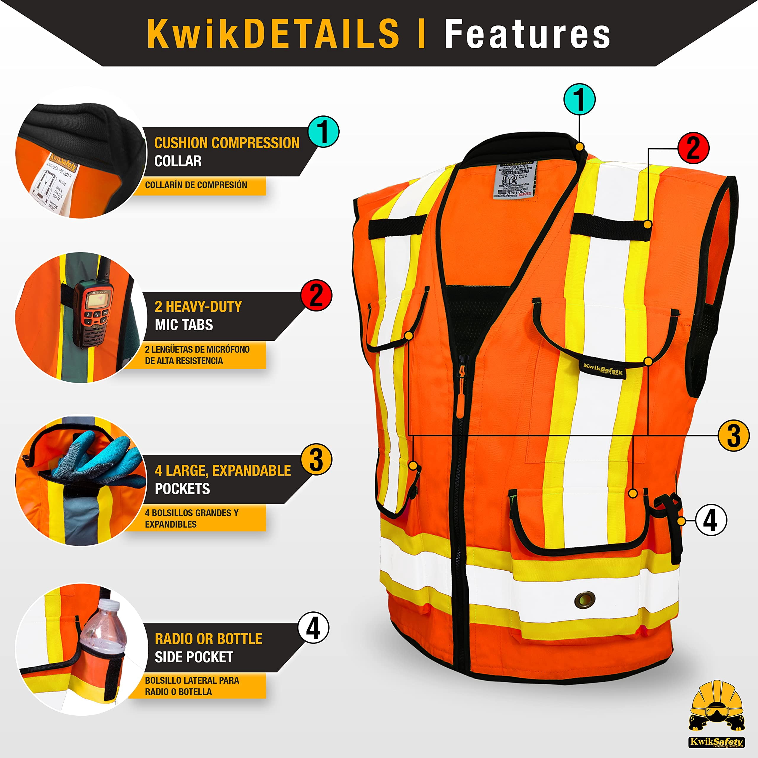 KwikSafety (Charlotte, NC) GODFATHER Safety Vest (Cushioned Collar) Class 2 ANSI OSHA High Visibility 9 Pockets Reflective Tape Heavy Duty Zipper Mesh HiVis Construction Surveyor Men | Orange XL
