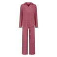 thumbnail image 3 of hxobax 2 Piece Cute Womens Pajama Sets Rib Knit Sleepwear Loungewear Collared V Neck Long Sleeve Pullover Shirts Tops and Elastic Wide Leg Pants Pjs Matching Set Nightwear Pockets,Wine,Large, 3 of 5