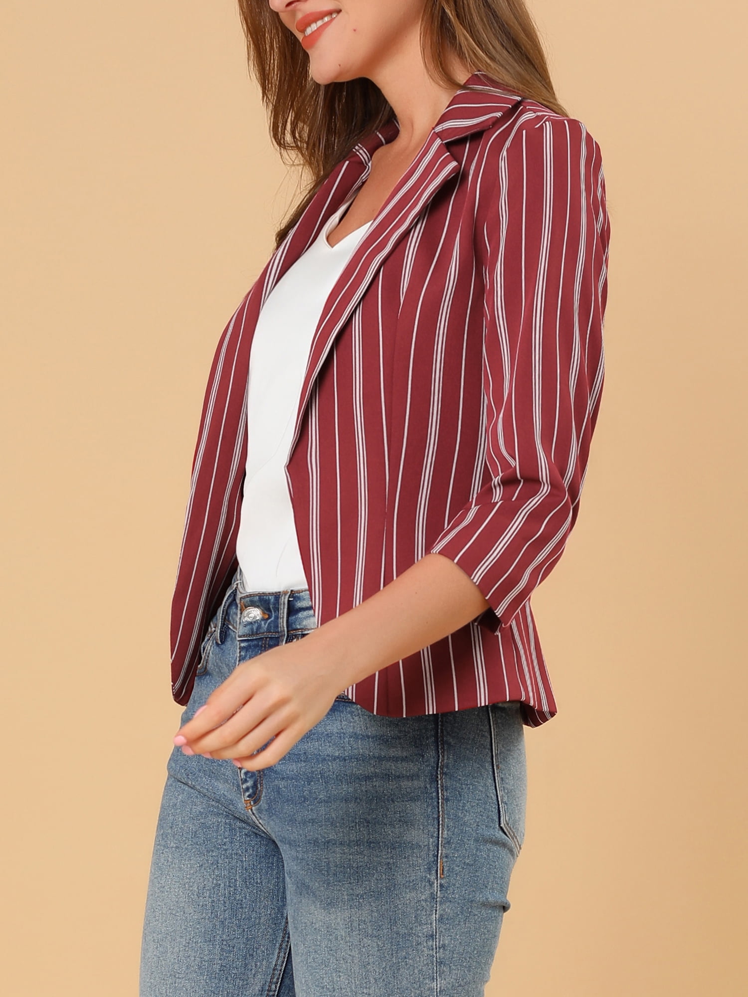 DARING DIVA Women's Striped Open Front Notched Lapel Blazer XS Red