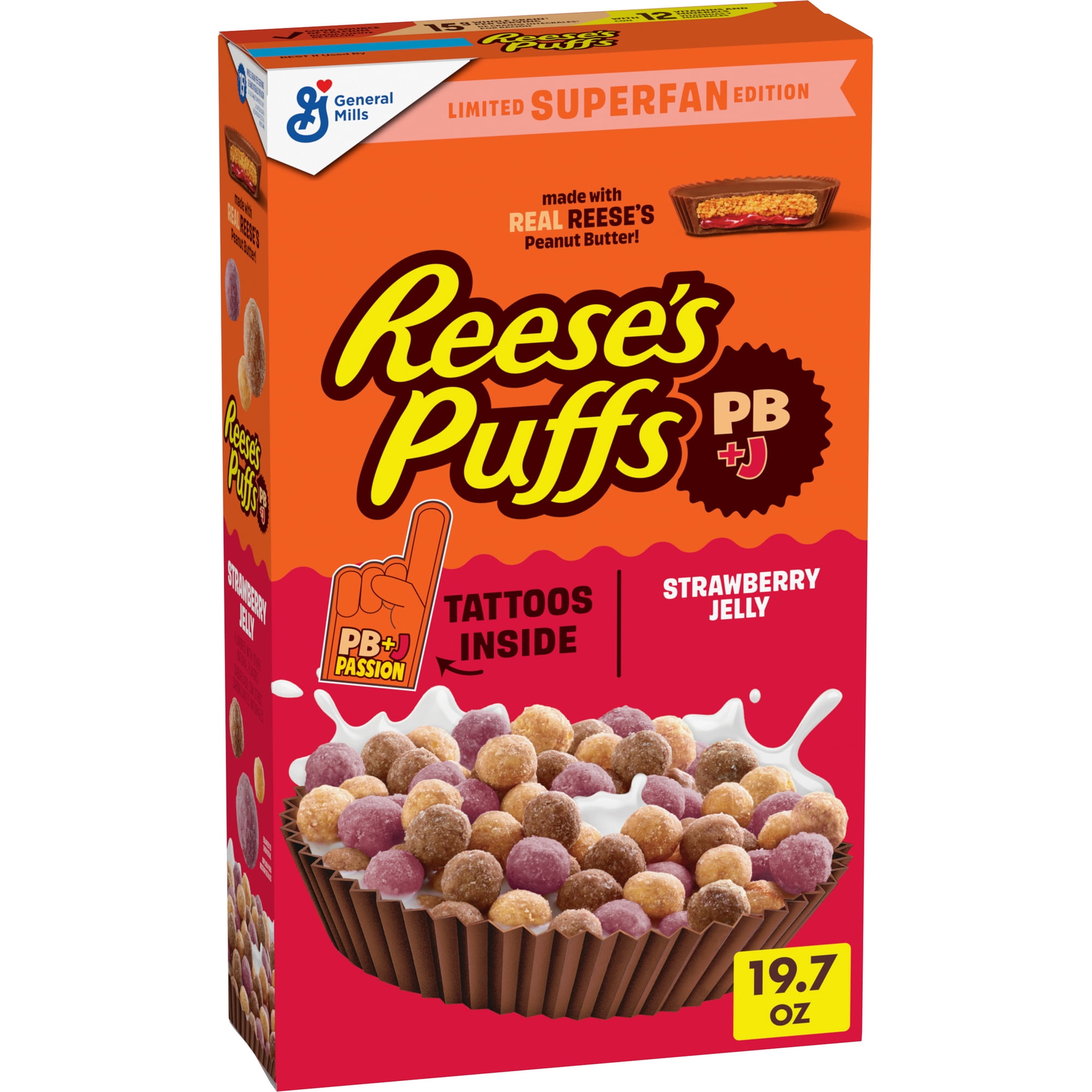 REESE'S PUFFS PB and J Superfan Cereal, Limited Edition with Tattoos, Family Size, 19.7 oz