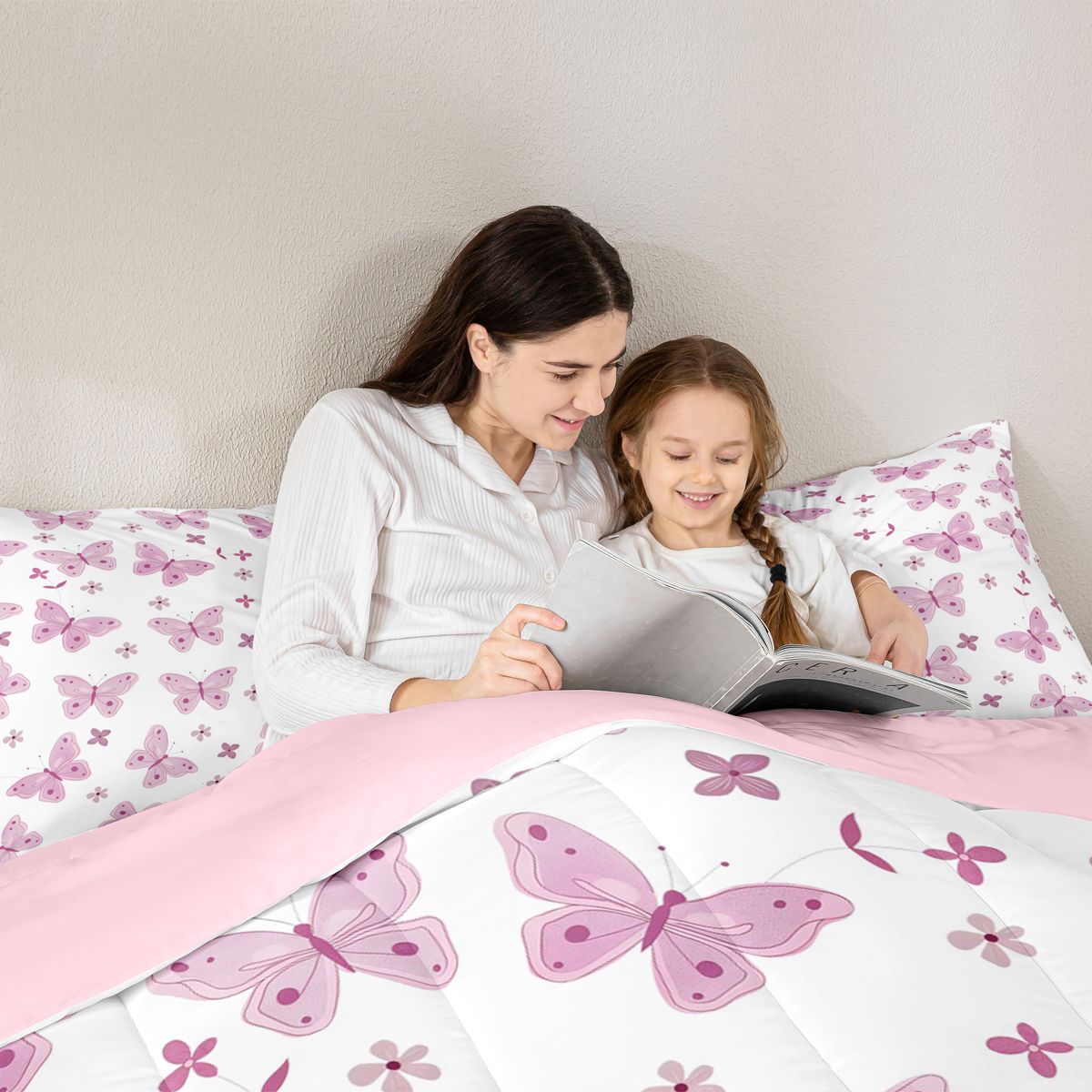 Homewish Gradient Colorful Butterfly 7-Piece Bedding Comforter Set,Flying Animal King Bedding Sets,Pink White Bed Sheets For Girls,Microfiber Bedroom Decor Reversible