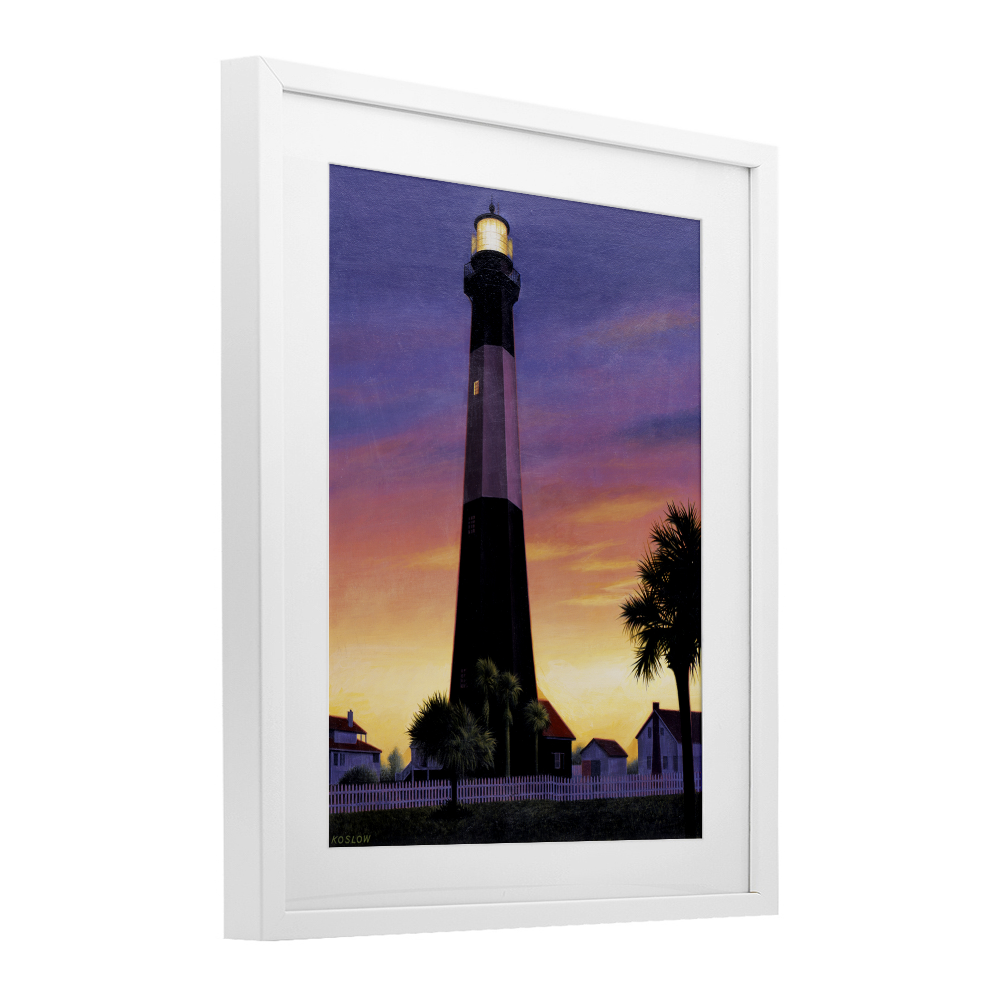 Georgia Tybee Island Lighthouse White Framed Print Under Glass, design by Wind River Studios