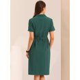 thumbnail image 4 of Vestido de mujer de verano 2023 de manga corta con solapa con muescas y cuello en V con doble botonadura y cinturón para trabajo y oficina Verde Oscuro XS, 4 of 6