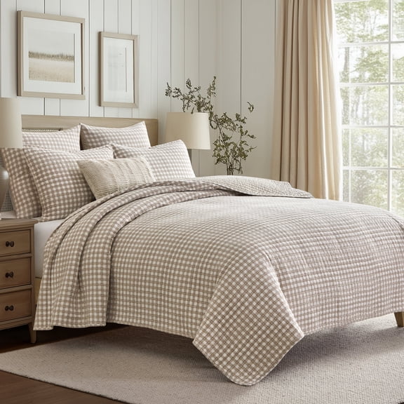 Levtex Home - Camden Gingham Stitch Taupe Quilt Set - Full/Queen Quilt (88x92in) and 2 Standard Shams (20x26in) - Textured Gingham - Taupe and Cream - Reversible - Cotton