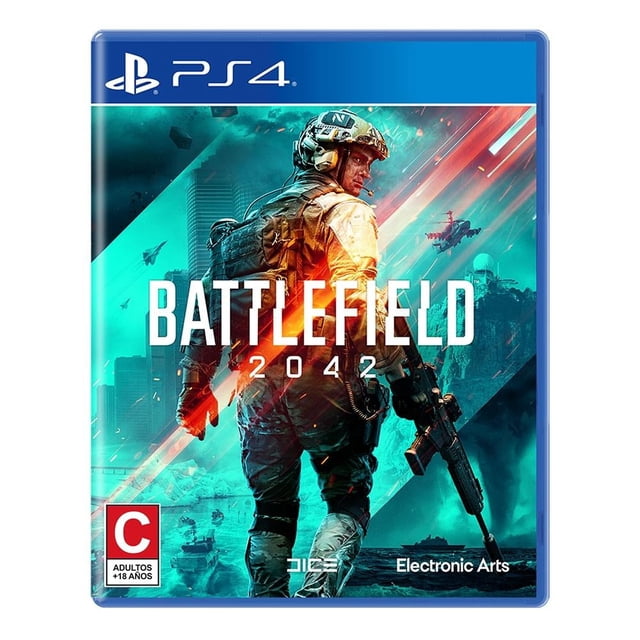 battlefield 2042 playstation 4 físico Carátula de videojuego PS4 multicolor con un soldado de espaldas con casco y fusil en primer plano, texto grande "BATTLEFIELD 2042", logotipos de PlayStation, DICE y Electronic Arts y símbolo de clasificación para adultos; fondo con ciudad futurista, helicópteros y efectos turquesa y naranja, a menudo usado como referencia visual para juegos multijugador a gran escala.