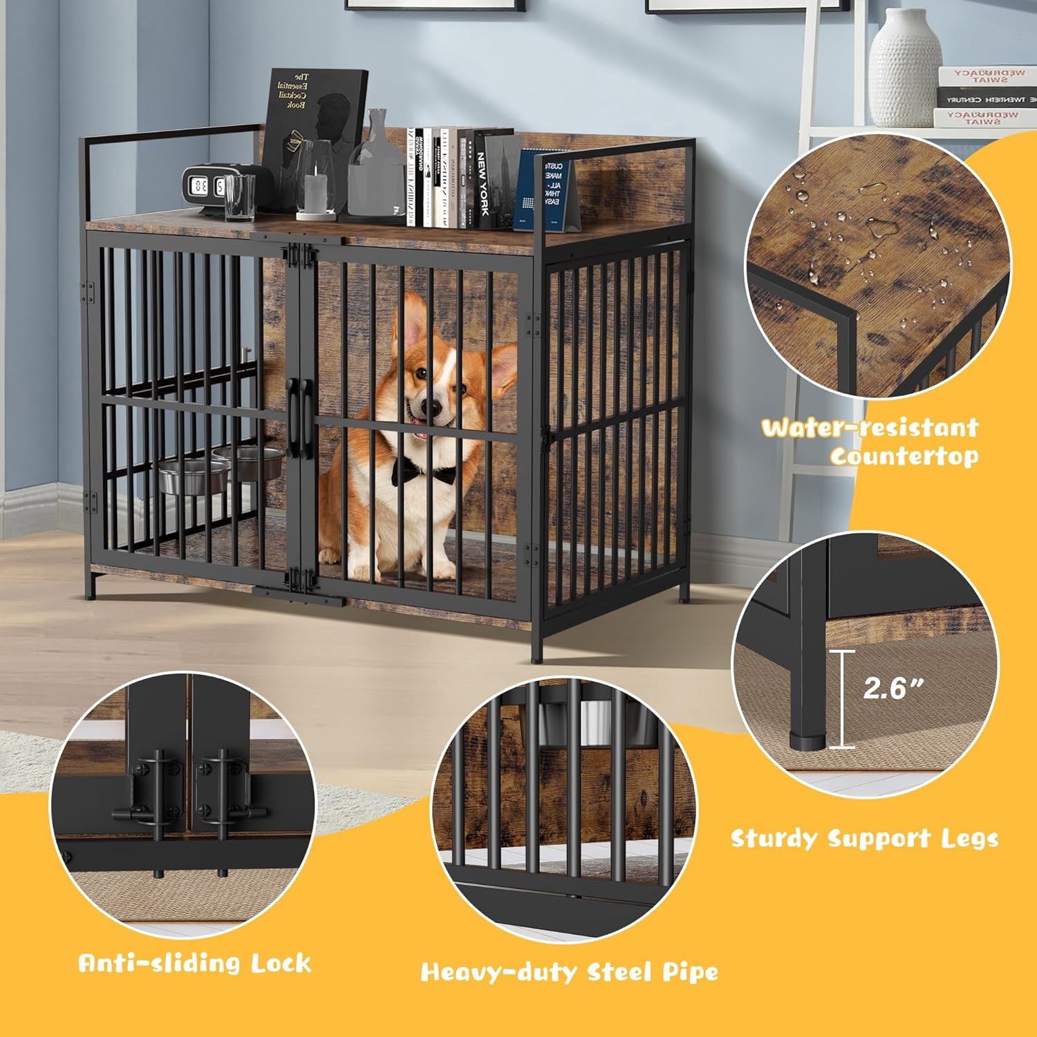 Haverchair 41" Dog Crate Furniture, Indoor Wooden Large Dog Kennel with 2 Rotating Feeder Bowls, Heavy Duty Dog Crates with Charging Station as End Table
