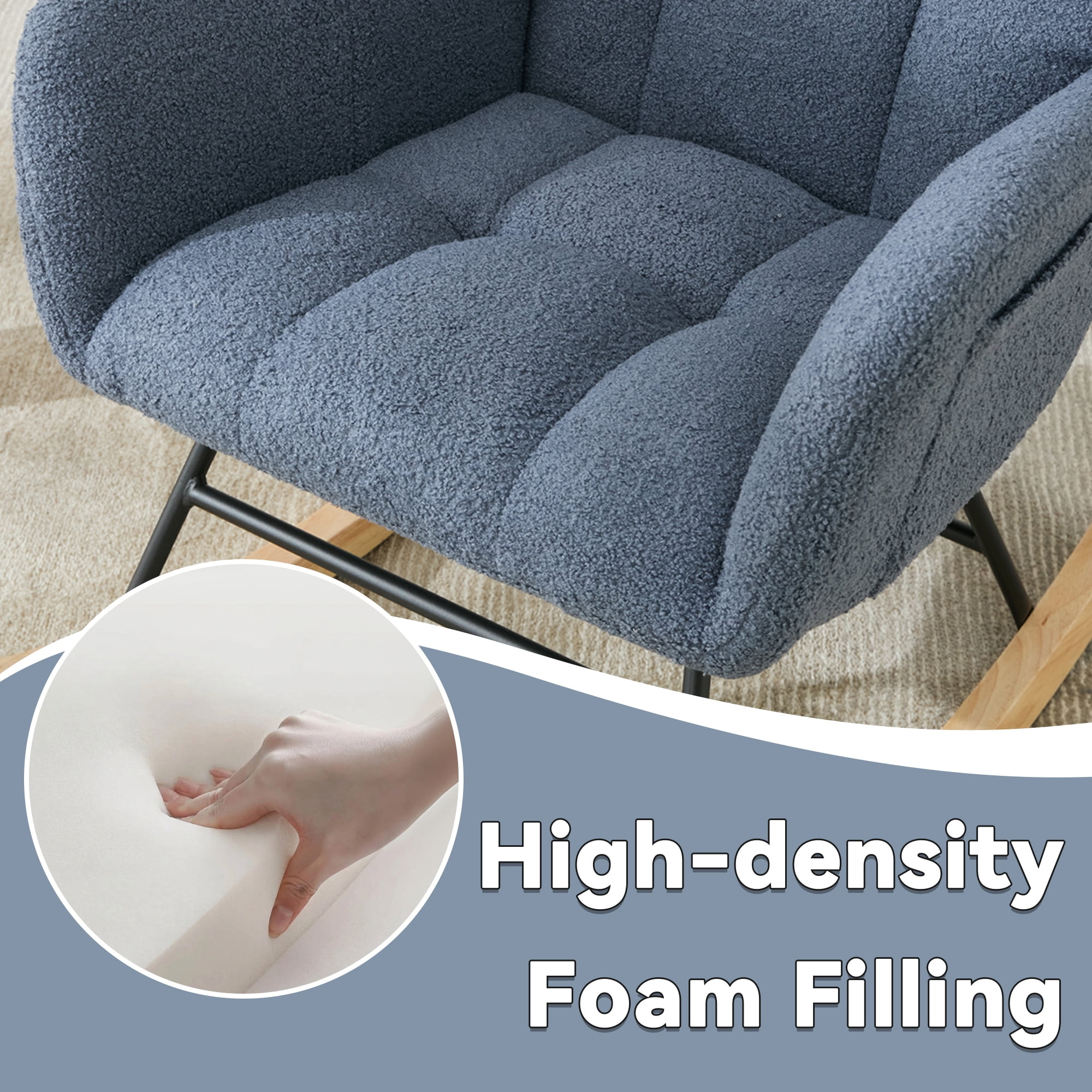 Leumius Rocking Chair Nursery,Teddy Upholstered Glider Rocker with High Backrest,Modern Rocking Accent Chairs Glider Recliner for Living Room, Nursery, Bedroom,Navy