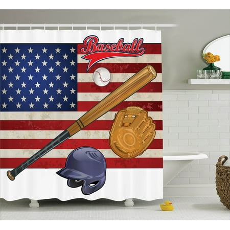 Sports Decor Shower Curtain Set Usa American Flag And Baseball Sports Decor Shower Curtain Set Usa American Flag And Baseball Equipment Champion Tournament Art