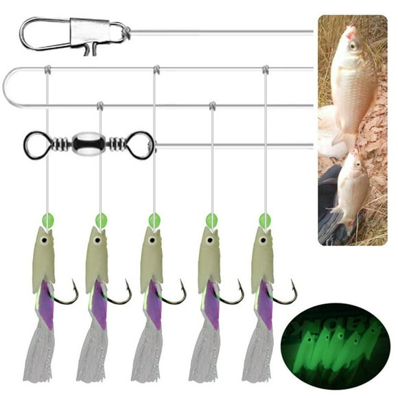 Mosiee 5Pc Fluorescent Green Sabiki Rigs With Luminous Fish Head And Strong Quick Connector For Sea/Freshwater Fishing