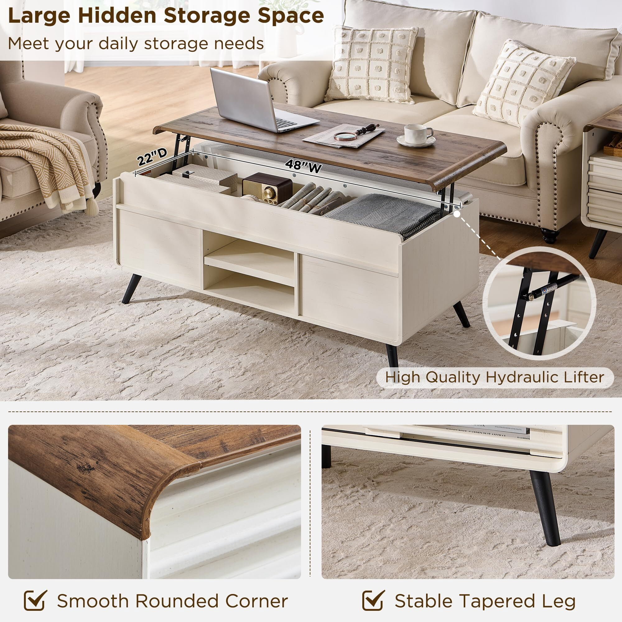OKD 48" Mid-Century Lift Top Coffee Table with Sliding Barn Door, Exquisite Apartment Style Center Table with Hidden Storage Compartment for Living Room, Office, Antique White