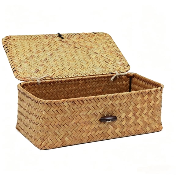 Rectangular Wicker Storage Basket with Lid, Natural Seagrass Home Organizer