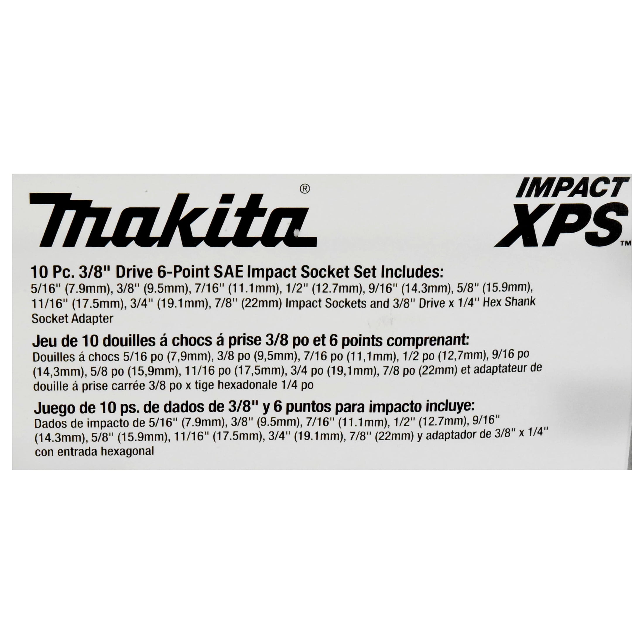 Makita E-01672 XPS 10 Pcs Impact Socket Set SAE w/ Standard Socket Adapter