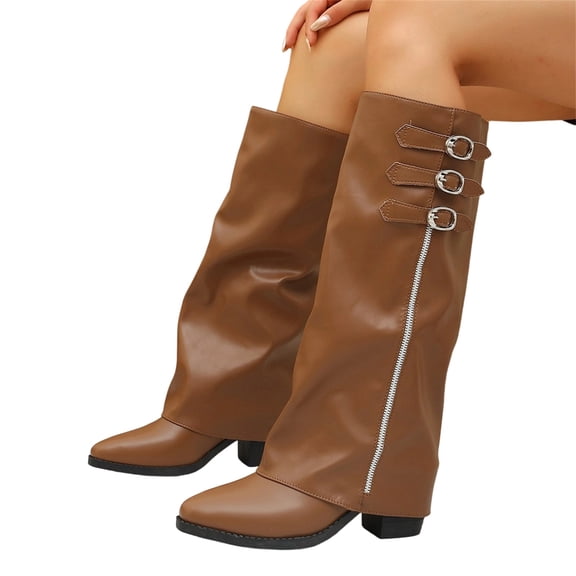 LRGSHF Knee High Boots for Women, Buckle Decor Wide Calf Shoes,Side Zipper Block Heel Pointed Toe Faux Leather Tall Boots Fall Winter Casual Daily Footwear