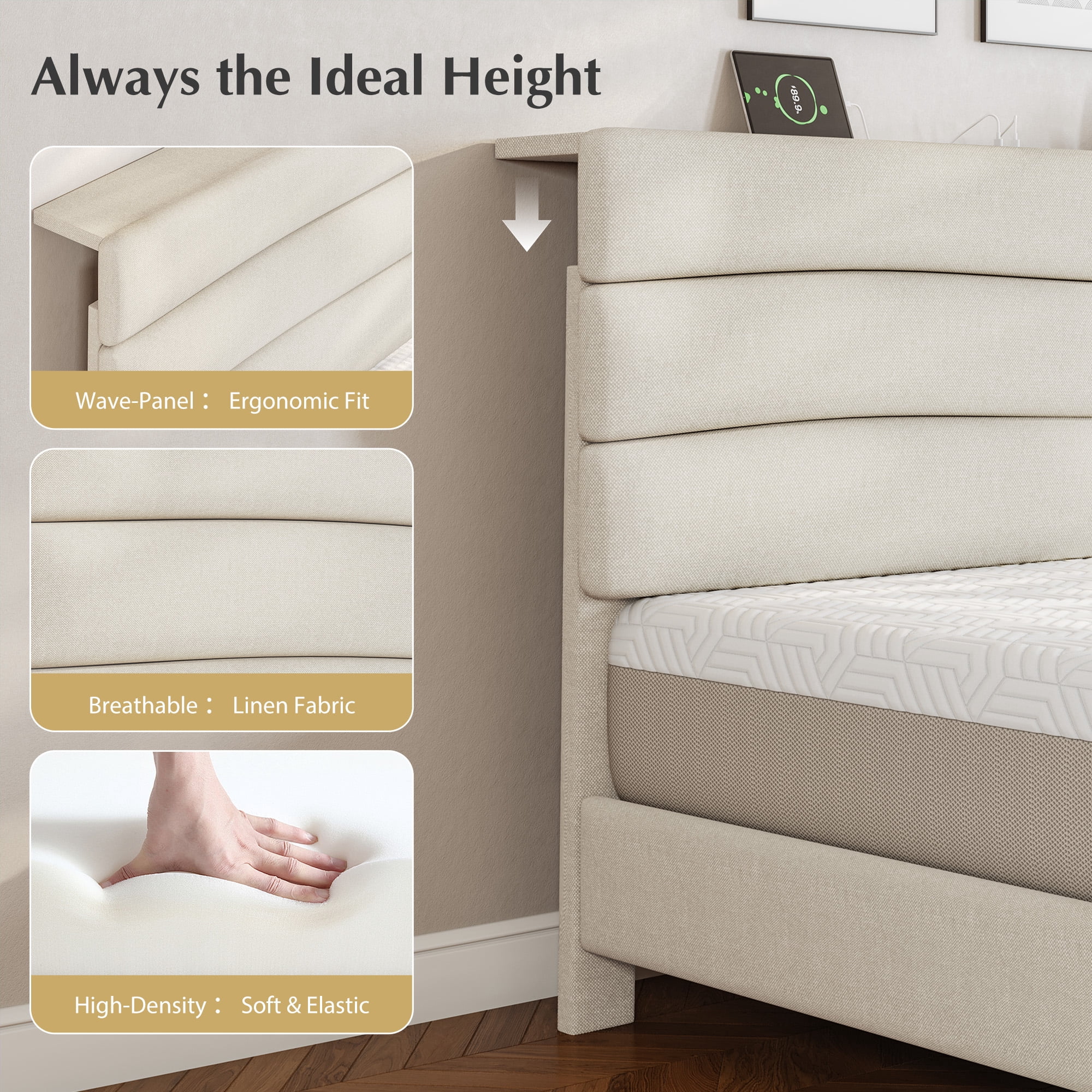 EnHomee Full Bed Frame with Adjustable Headboard Upholstered Full Size Bed Frame with Charge Station & Storage, Beige, No Box Spring Needed, Noise Free