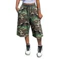 thumbnail image 2 of Womens Elastic Waist Drawstring Bermuda Shorts, Oversized Loose Fit Raw Hem Casual Knee Shorts Camouflage L, 2 of 6