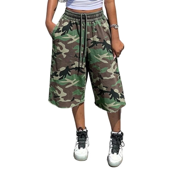 Women's Wide Leg Sweat Shorts Baggy Raw Hem Bermuda Sweatpant Jorts,L