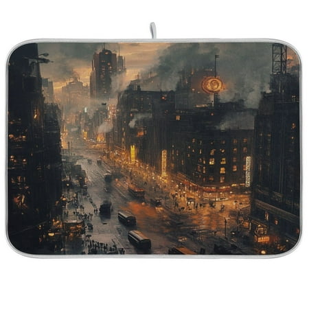 

Nostalgic View Of The CityKitchen Drying Mat Heat Resistant Drainage with Non-Slip Rubber Backing Hides Stains Super Absorbent Easy to Clean 18×24in