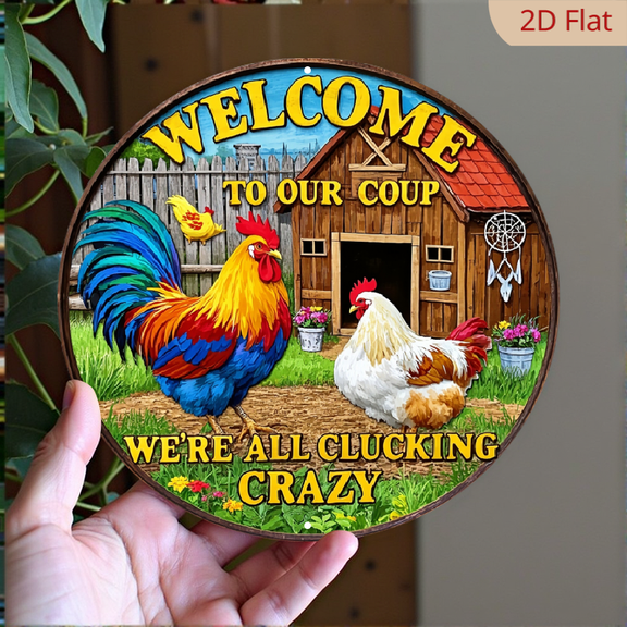 8x8 Inch Round Metal Sign - Welcome to Our Coop with Colorful Rooster Hen, Farm Animal Portraits, Ideal for Outdoor Chicken Theme Decor, Rustic Country Farmhouse Garden, Garage, or Porc