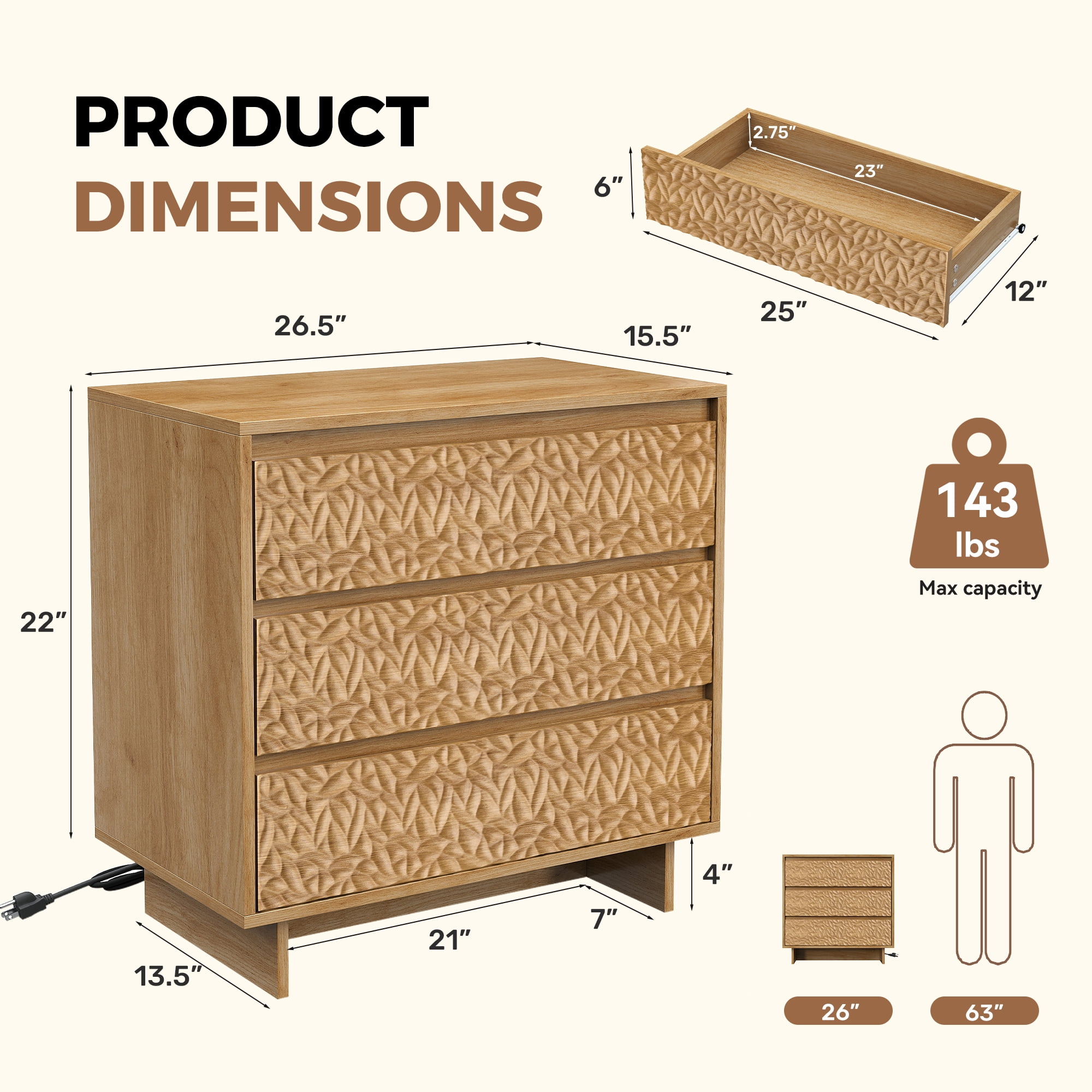 MOONMISS 3 Drawers Nightstand with Charging Station, Wood Night Stand with Waterproof Table Top for Bedroom, Livingroom, Natural Wood