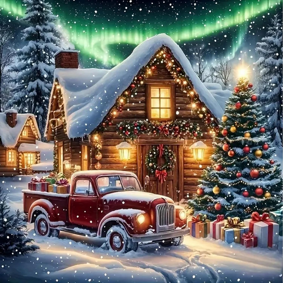 5D Christmas Red Truck Diamond Art Painting Kits for Adults, Landscape Diamond Painting Kits for Beginners, Full Drill Diamond Dot Gem Art Crafts for Home Decor 11.8x11.8Inch
