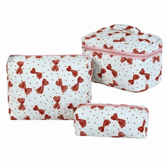 3 PCS Makeup Bag Set, Quilted Makeup Bag, Large Floral Cosmetic Bag for Women, Cute Cotton Makeup Bags, Flower Travel Toiletry Organizer Bag
