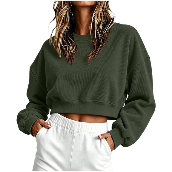 Hurxie Womens Cropped Sweatshirt Oversized Crewneck Cotton Long Sleeve Boxy Crop Pullover Casual Lightweight Athleisure Top Army Green,2XL