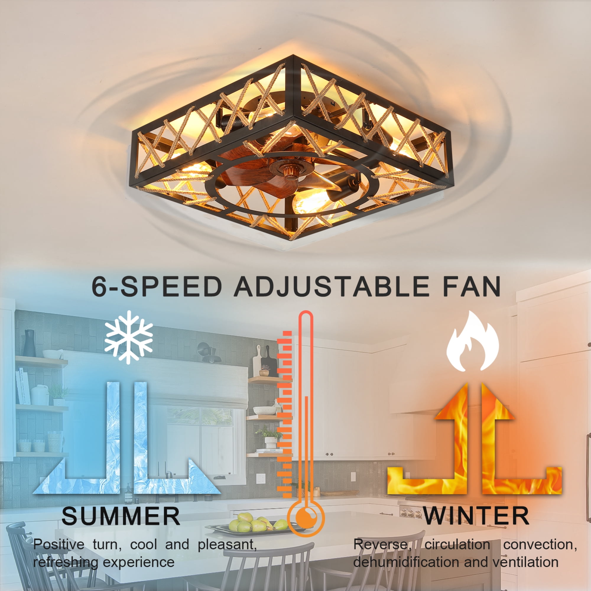 Leumius Farmhouse Rustic Ceiling Fan and Remote Control,Square Caged Industrial Ceiling Fixture with 6 Speeds & Noiseless DC Motor for Kitchen Dining Room Living Room Bedroom