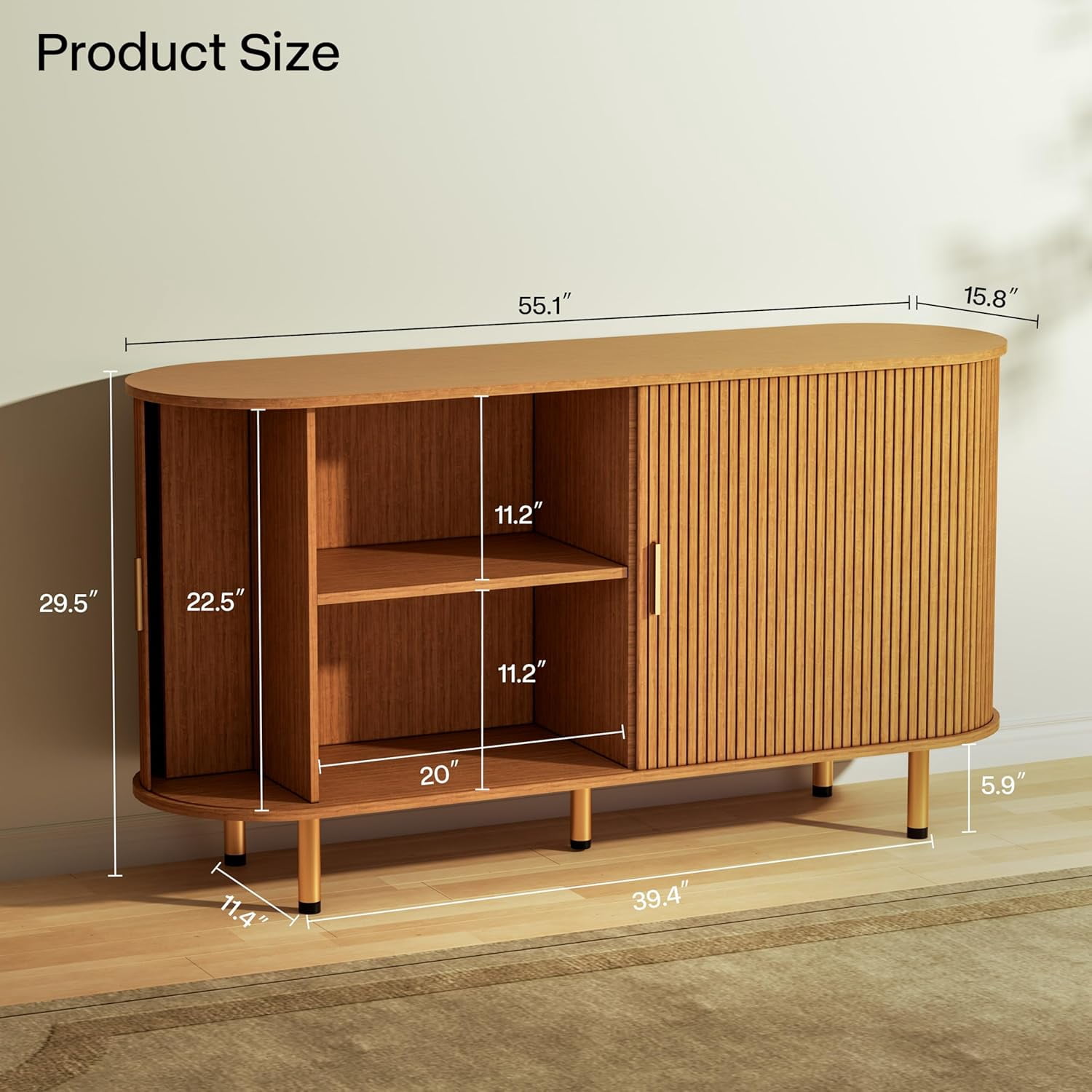 TiramisuBest Sideboard Buffet Cabinet with Storage, 55" Storage Cabinet with Fluted Tambour Sliding Doors & Adjustable Shelf for Entryway, Kitchen, Home Bar (Yellow Walnut)