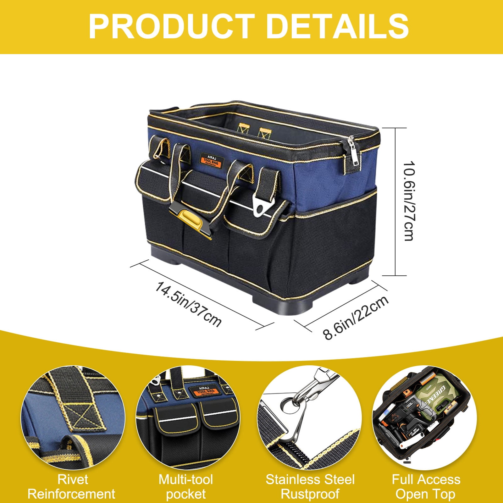 2BK 17-inch Tool Bag Tool Organizer Rubber with Base Waterproof Double Strap Carry Handle,Black