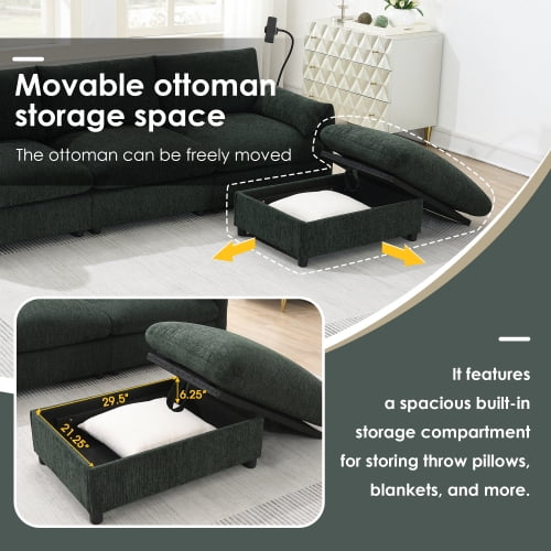EPOWP 96.5'' Modular Sectional Sofa Set with Storage Ottoman, Chenille L-Shaped Cloud Sectional Couches with Adjustable Phone Holder & USB Charger for Living Room, Apartment, Office