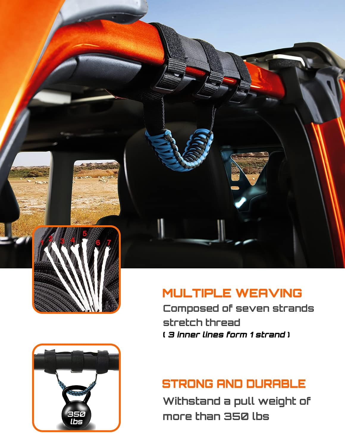 4 x Roll Bar Grab Handles Grip Handle for Jeep Wrangler CJ YJ TJ JK JL & Gladiator JT 1955-2023, Interior Accessories, Blue