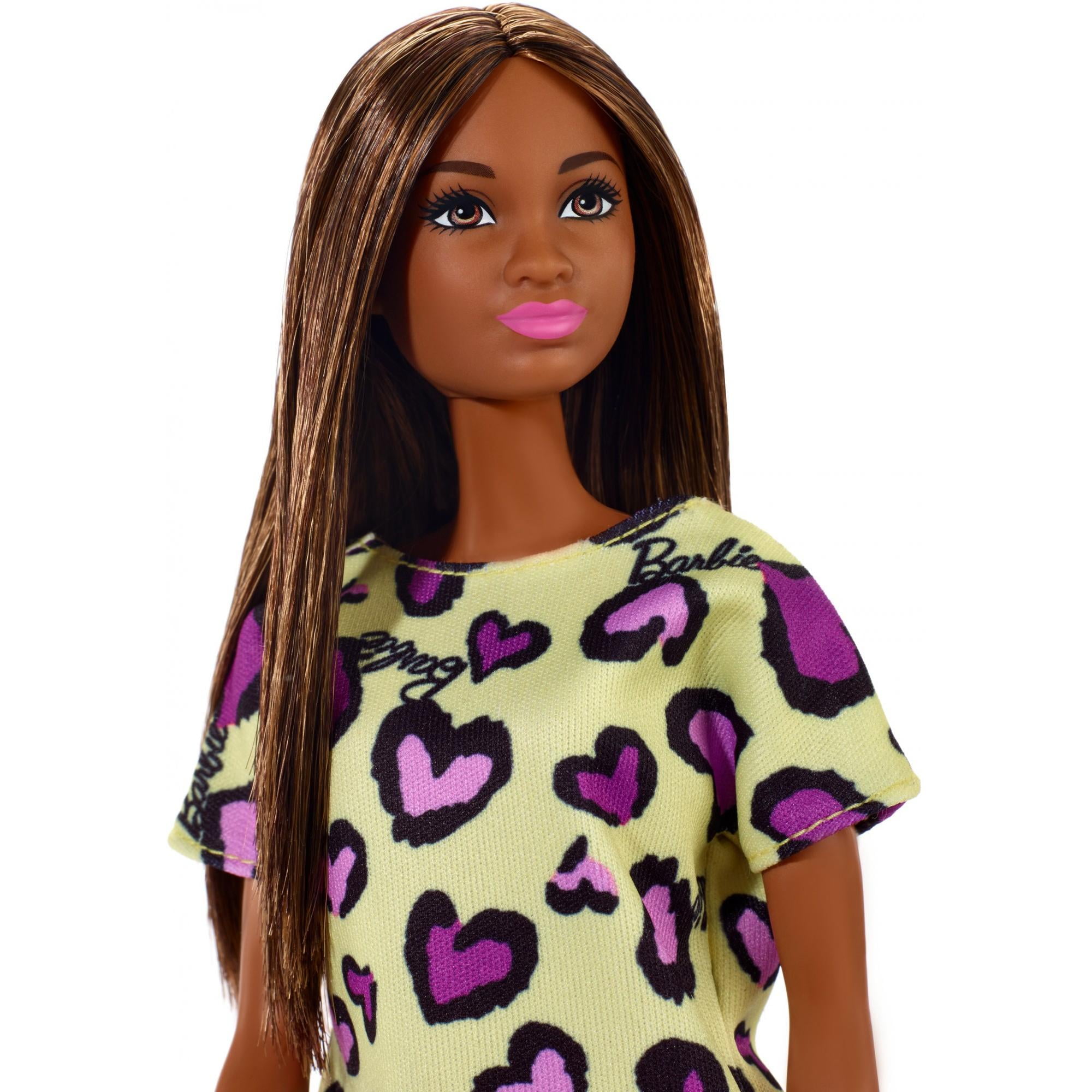 Barbie Doll Blonde Chic Fashionista GHW49 Wearing Purple Dress W/ Yellow Hearts for sale online