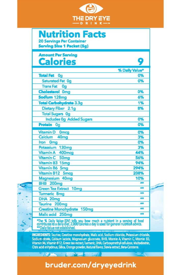 The Dry Eye Drink Orange Flavor l Ultimate Hydration for Dry Eyes l Sugar-Free Electrolyte Powder Packets l Blended with Vitamins, Green Tea, Turmeric, Taurine, and DHA l 5g x 20 Packets