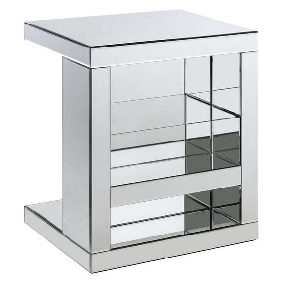 Benjara Accent Table with Mirrored Panels and C Shape- Silver