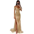 thumbnail image 1 of Vestidos largos de noche con hombros descubiertos y lentejuelas elegantes, vestidos formales de graduación con abertura fruncida de sirena personalizados para fiesta de mujer 2024, 1 of 5