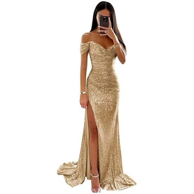 Vestidos largos de noche con hombros descubiertos y lentejuelas elegantes, vestidos formales de graduación con abertura fruncida de sirena personalizados para fiesta de mujer 2024