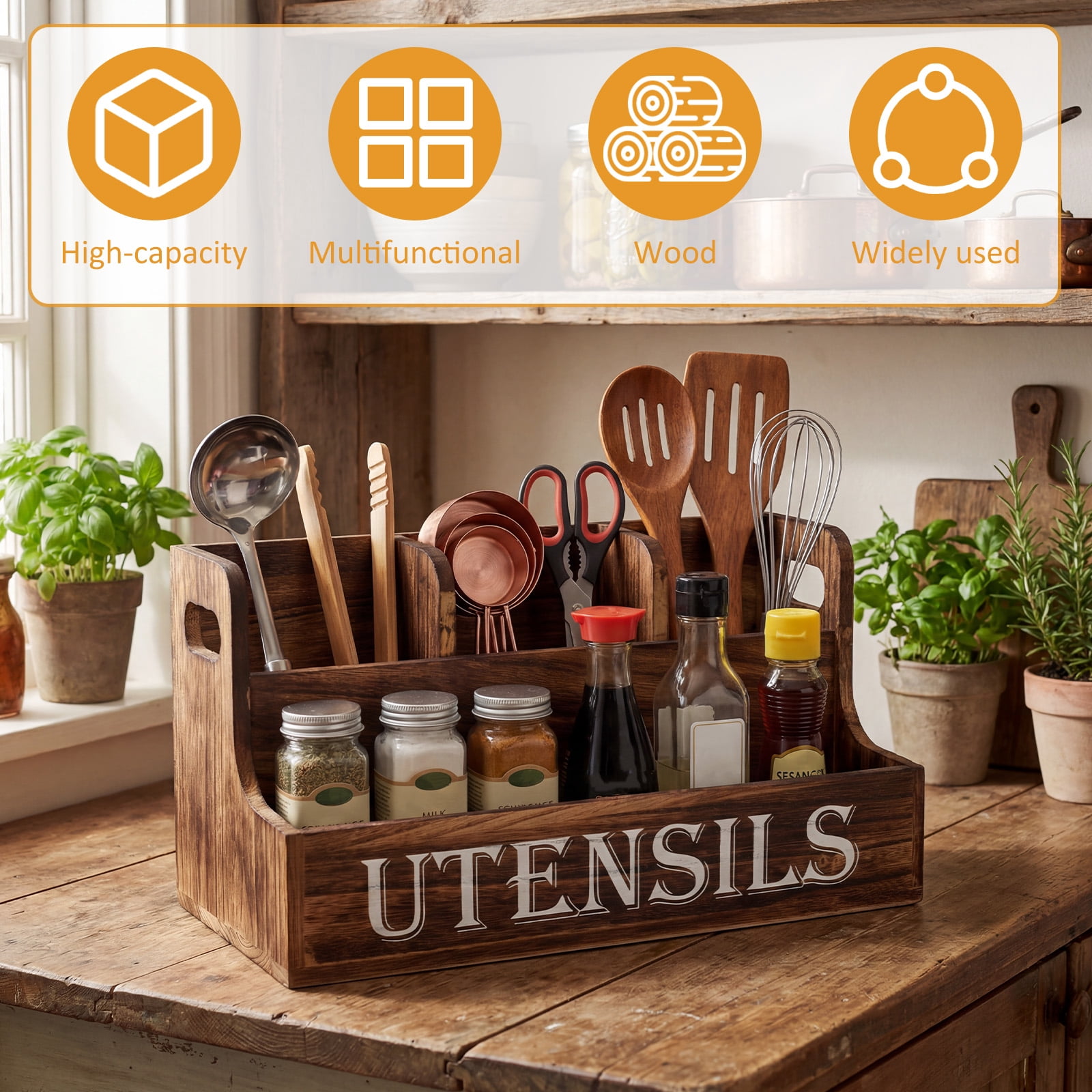 FUYGRCJ Innovation 2 Layers Kitchen Utensil Holder, Extra Large Wooden Utensil Organizer with 4 Compartments, Rustic Cooking Utensil Spatula Caddy for Silverware, Spoons, Cooking Tools Spice Storage