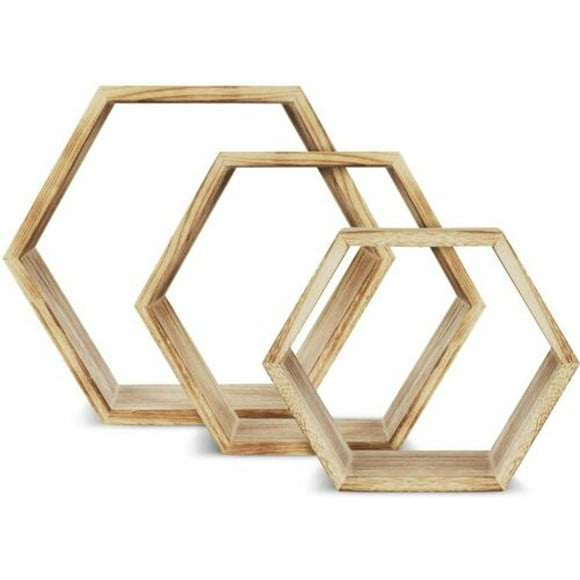 3pcs Natural Wood Hexagonal Floating Shelves Creative Wall Mounted Home Decor