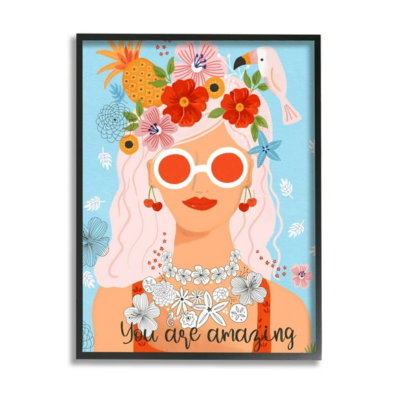 Stupell Industries You Are Amazing Motivational Floral Woman Portrait Graphic Art Black Framed Art Print Wall Art, Design by Sharon Lee